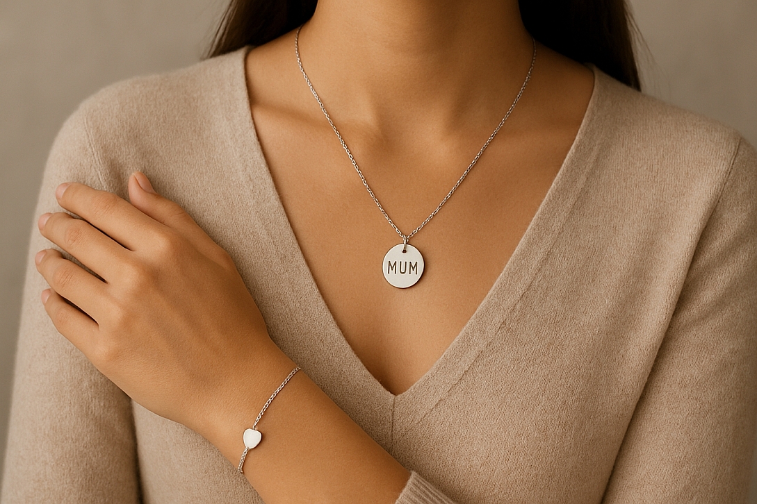 delicate silver jewelry and soft sweater