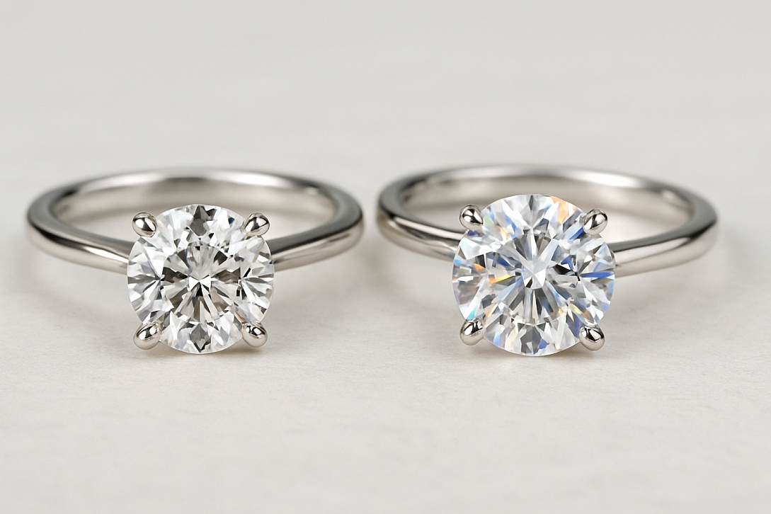 diamond vs moissanite rings pair