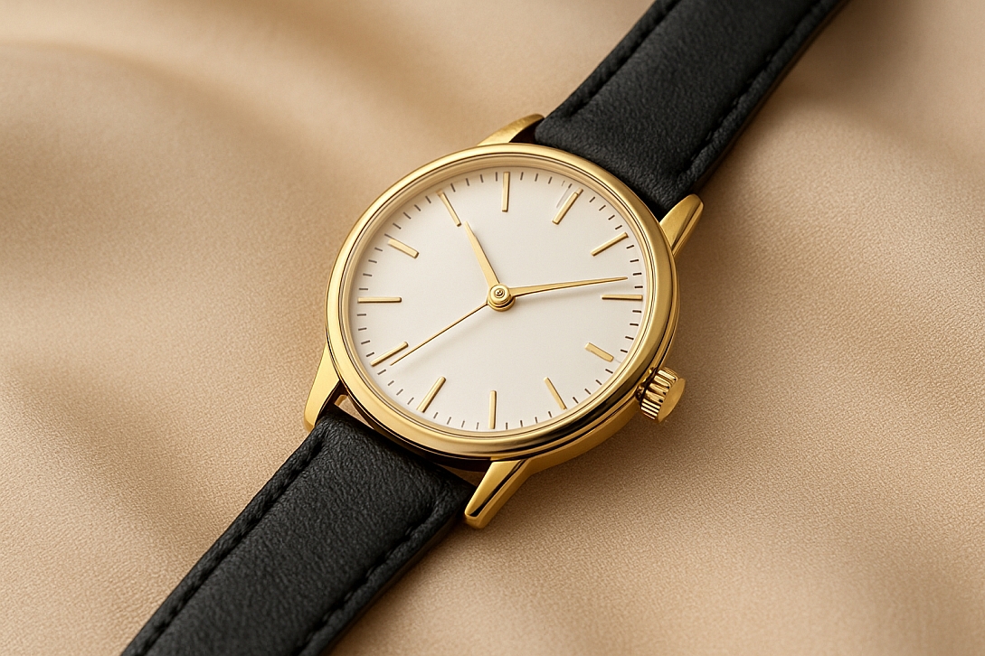 elegant gold wristwatch on beige fabric