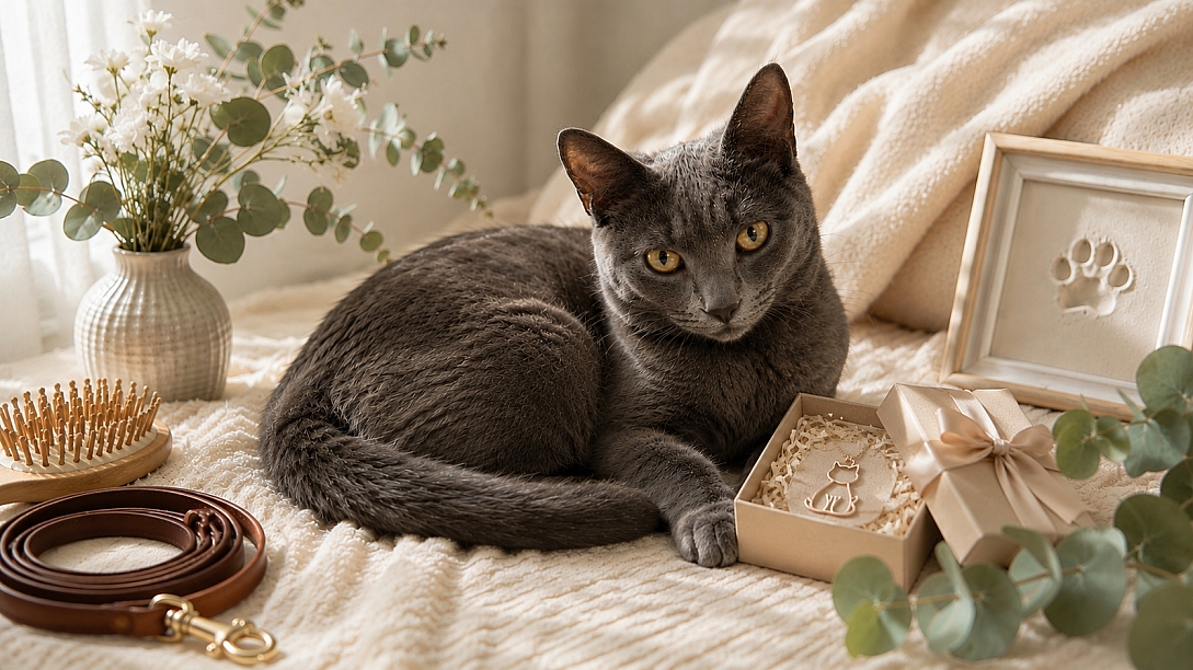 gray cat in a cosy pet gift scene