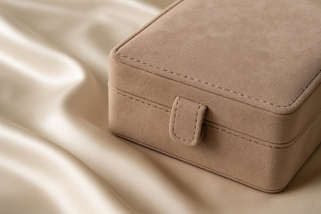 suede jewelry box on satin fabric